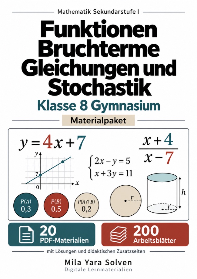 Cover: Funktionen Bruchterme Gleichungen und Stochastik Klasse 8 Gymnasium | Materialpaket | 20 PDFs mit 200 Arbeitsblättern