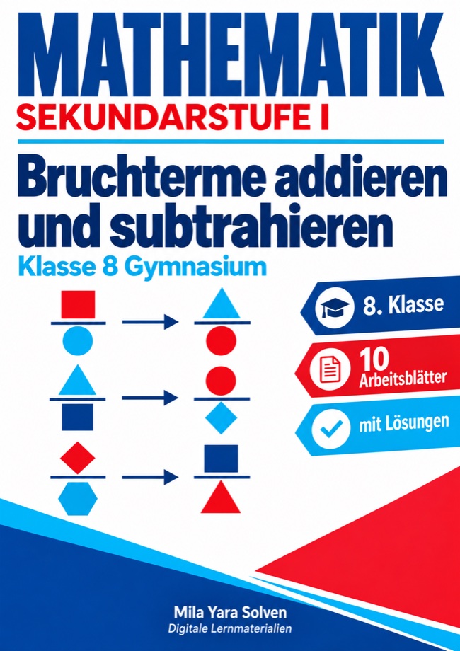 Cover: Bruchterme addieren und subtrahieren | Mathematik Klasse 8 Gymnasium | 10 Arbeitsblätter mit Lösungen als PDF
