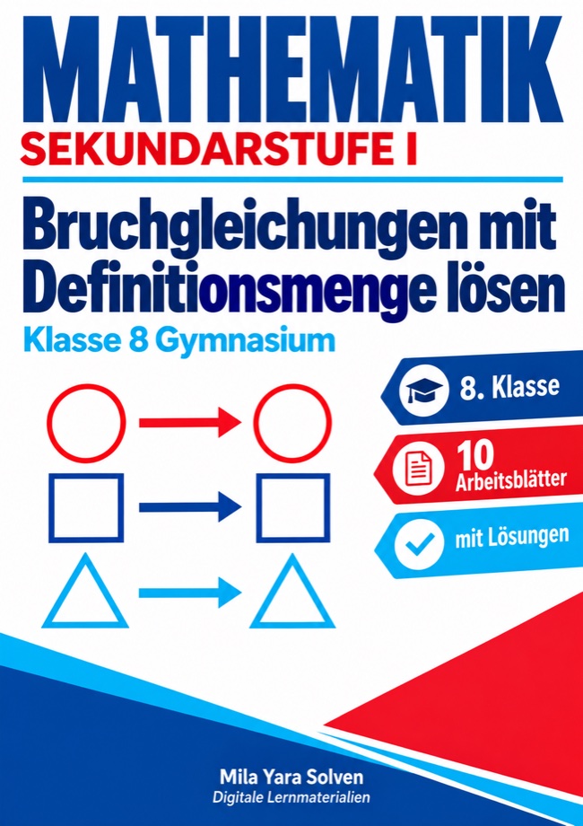Cover: Bruchgleichungen mit Definitionsmenge lösen | Mathematik Klasse 8 Gymnasium | 10 Arbeitsblätter mit Lösungen als PDF