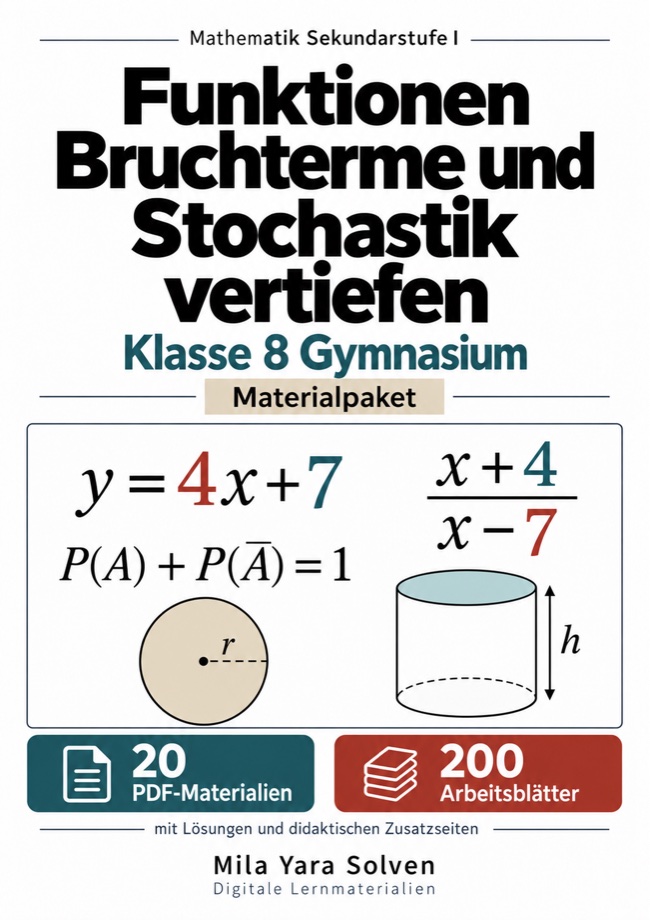 Cover: Funktionen Bruchterme und Stochastik vertiefen Klasse 8 Gymnasium | Materialpaket | 20 PDFs mit 200 Arbeitsblättern