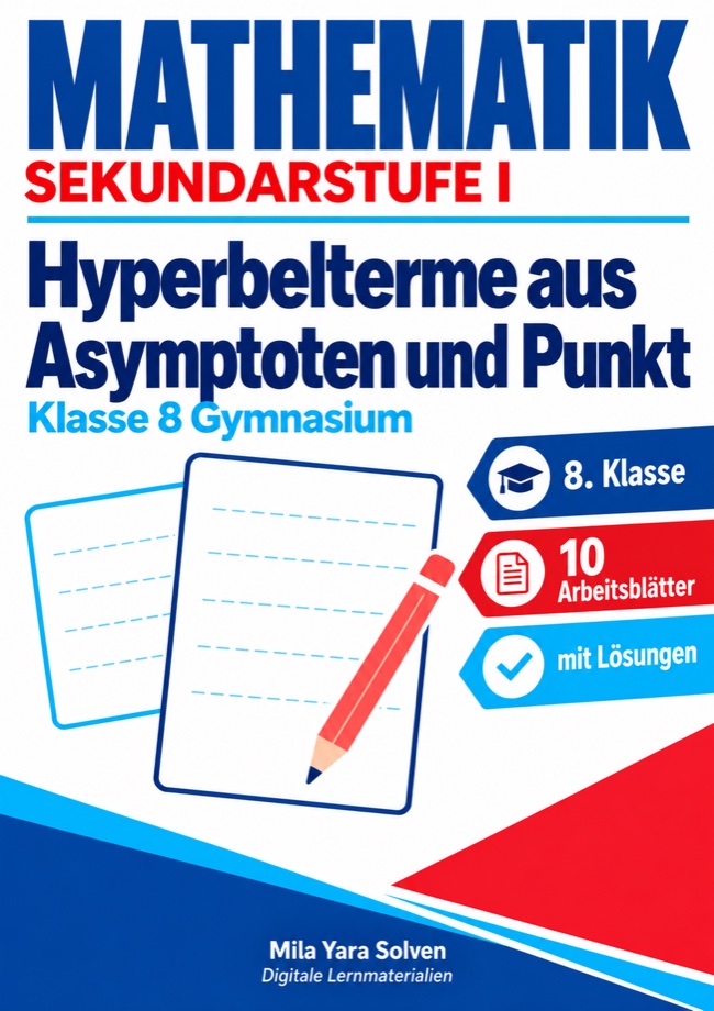 Cover: Hyperbelterme aus Asymptoten und Punkt | Mathematik Klasse 8 Gymnasium | 10 Arbeitsblätter mit Lösungen als PDF