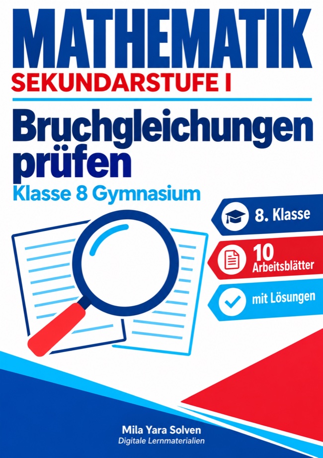 Cover: Bruchgleichungen prüfen | Mathematik Klasse 8 Gymnasium | 10 Arbeitsblätter mit Lösungen als PDF