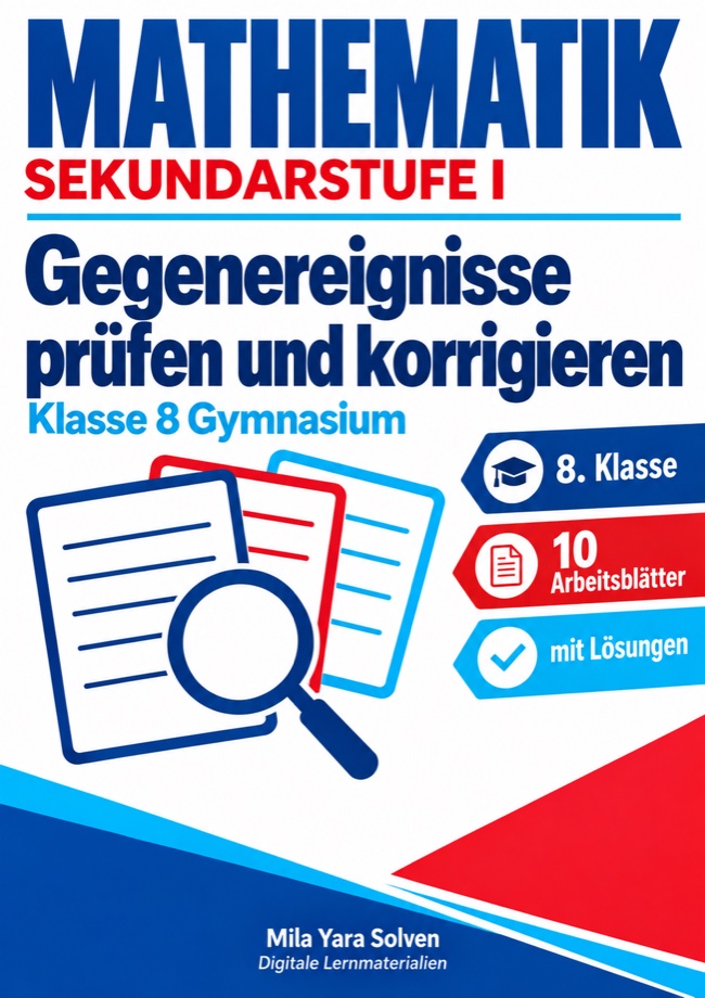 Cover: Gegenereignisse prüfen und korrigieren | Mathematik Klasse 8 Gymnasium | 10 Arbeitsblätter mit Lösungen als PDF
