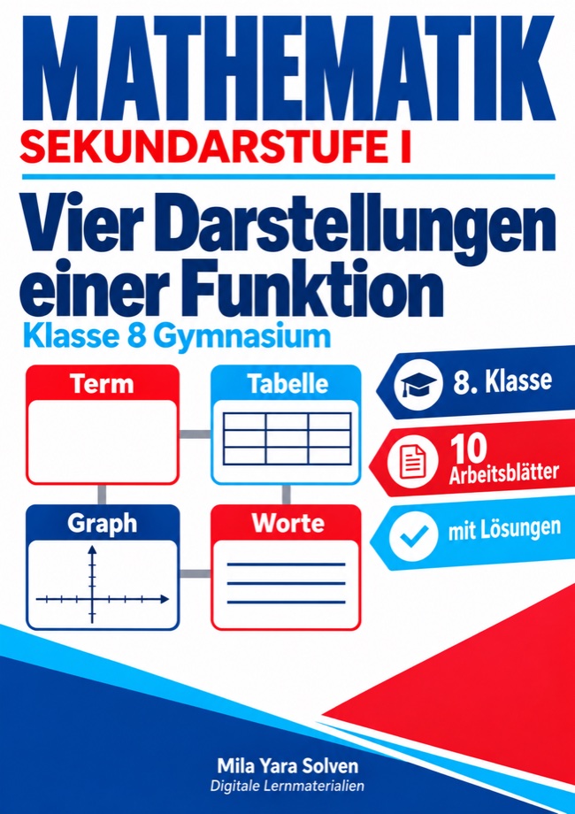 Cover: Vier Darstellungen einer Funktion | Mathematik Klasse 8 Gymnasium | 10 Arbeitsblätter mit Lösungen als PDF