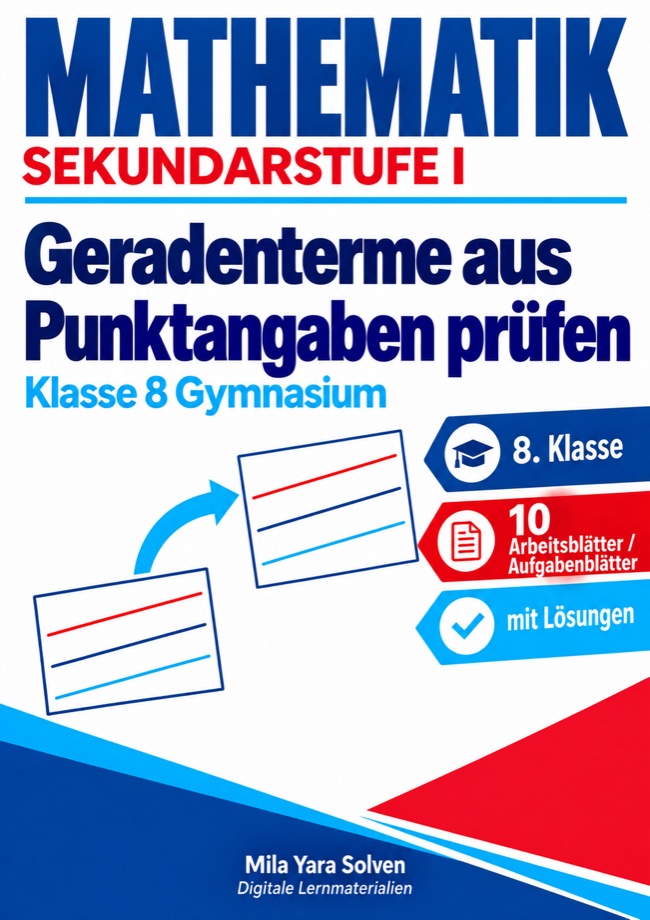 Cover: Geradenterme aus Punktangaben prüfen | Mathematik Klasse 8 Gymnasium | 10 Arbeitsblätter / Aufgabenblätter mit Lösungen als PDF