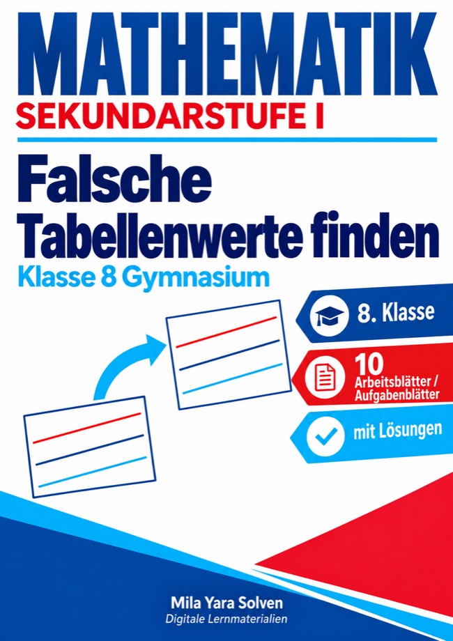 Cover: Falsche Tabellenwerte finden | Mathematik Klasse 8 Gymnasium | 10 Arbeitsblätter / Aufgabenblätter mit Lösungen als PDF