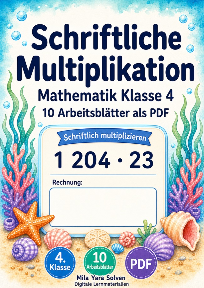 Cover: Schriftliche Multiplikation Klasse 4 | 10 Arbeitsblätter als PDF