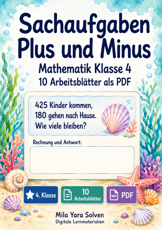 Cover: Sachaufgaben Plus Minus Klasse 4 | 10 Arbeitsblätter als PDF