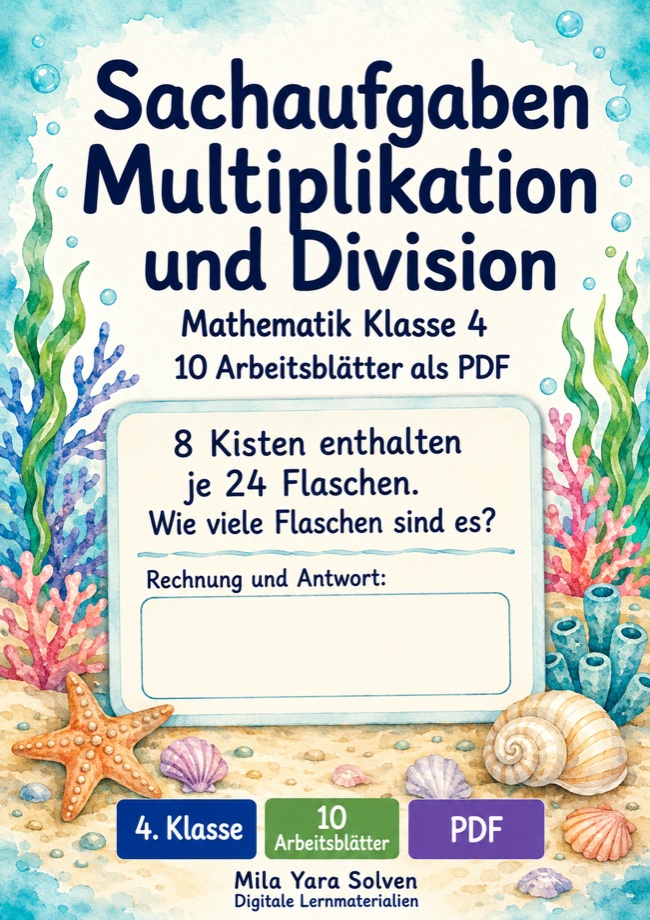 Cover: Sachaufgaben Multiplikation Division Klasse 4 | 10 Arbeitsblätter als PDF